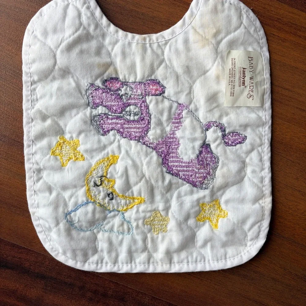 Baby Ware Janlynn Quilted Bib Purple Cow Moon‎ Stars Cross Stitch Tie